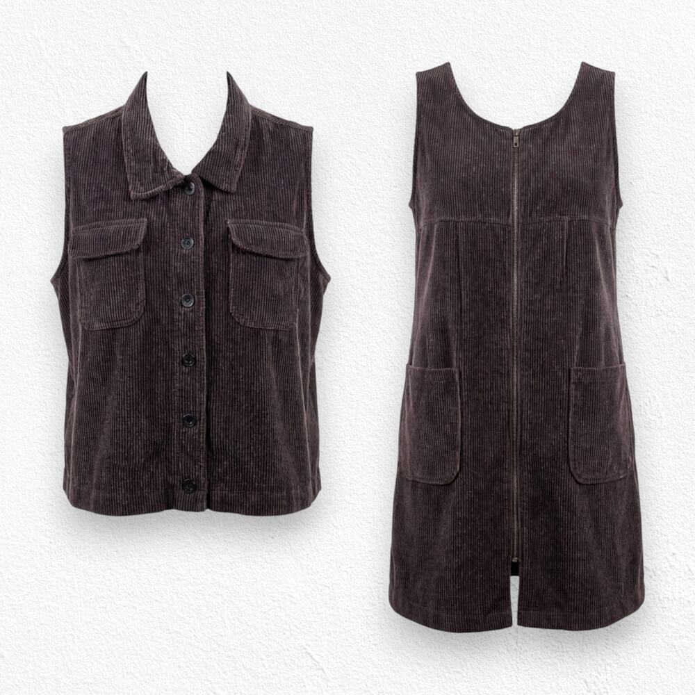 Vintage 80s Venezia Jeans Brown Corduroy Vest & Shift Dress 2 Piece Set Size 2X